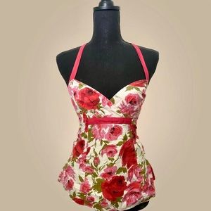 size s anthropologie top. red pink and white floral halter peblum. like new
